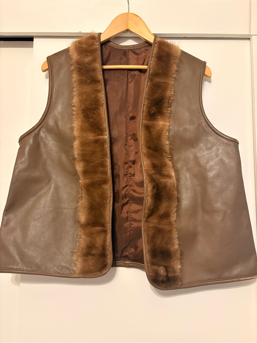 Women's Brown Faux Leather Vest with Fur Trim